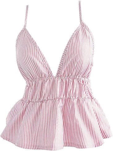 Soly Hux Women's Y2K مخطط Babydoll Camisole Deep V الرقبة Backless Peplum Cami Tops in Kuwait