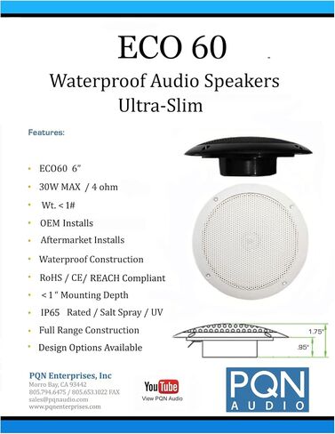 PQN Audio Eco60-4BK 6 inch Waterproof Marine Speaker for RV, Camper, Cabinet and Golf Carts. Chemical and UV Resistant. Wall and Floor Mount Outdoor Speakers in Saudi Arabia