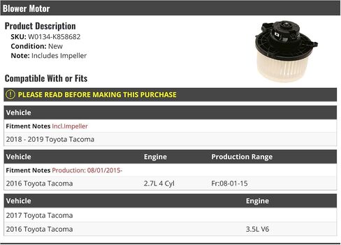Blower Motor - Compatible with 2016-2019 Toyota Tacoma (From 08/01/2015) in Saudi Arabia