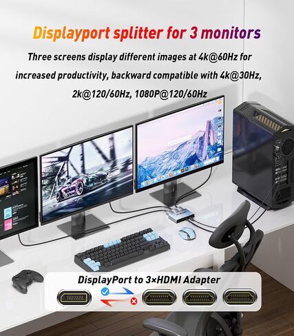 DisplayPort to Dual HDMI Adapter [4K@60Hz] DP to HDMI Splitter 1 in 2 Out Extended Display, DP Male Source Converter for Dual Monitors Compatible with PC,Graphic Card and More in Kuwait