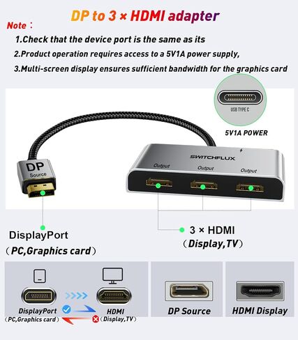DisplayPort to Dual HDMI Adapter [4K@60Hz] DP to HDMI Splitter 1 in 2 Out Extended Display, DP Male Source Converter for Dual Monitors Compatible with PC,Graphic Card and More in Kuwait