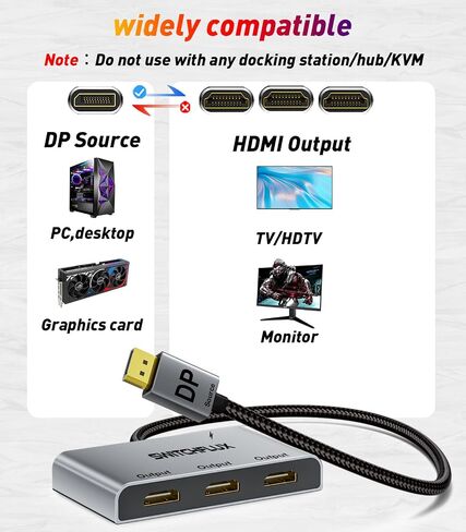DisplayPort to Dual HDMI Adapter [4K@60Hz] DP to HDMI Splitter 1 in 2 Out Extended Display, DP Male Source Converter for Dual Monitors Compatible with PC,Graphic Card and More in Kuwait