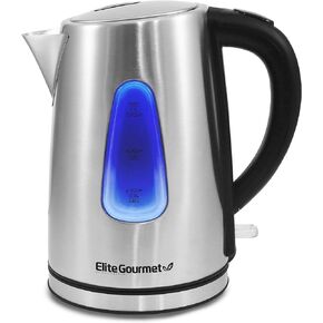 غلاية كهربائية Elite Gourmet EKT-1271# Ultimate سعة 1.7 لتر - تصميم من الفولاذ المقاوم للصدأ وقاعدة لاسلكية 360 درجة، تصميم داخلي LED أزرق أنيق، وظيفة إيقاف تلقائي سهلة الاستخدام - غلي الماء بسرعة للشاي والمزيد