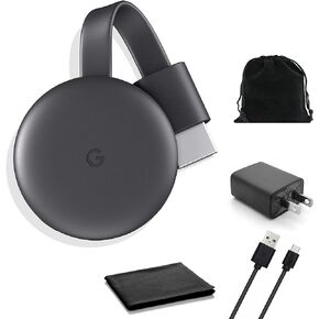 Google Chromecast - Streaming Device with HDMI Cable - Stream Shows, Music, Photos, and Sports from Your Phone to Your TV with Microfiber Cloth and Travel Carrying Pouch - Charcoal, Black in Saudi Arabia