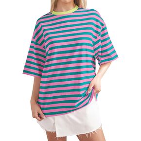 Women Oversized Striped Short Sleeve T-Shirts Color Block Crew Neck Basic Shirt Casual Summer Tee Tops