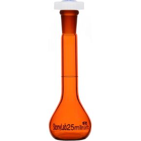 قارورة حجمية زجاجية من stonylab، قارورة حجمية من العنبر من الفئة A مع سدادة زجاجية، زجاج بوروسيليكات ثقيل الجدار من العنبر حجمي ±0.03 مل - 25 مل in Kuwait