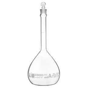 EISCO Volumetric Flask, 2000ml - Class A, ASTM - Tolerance ±0.500 ml - Glass Stopper - Single, White Graduation