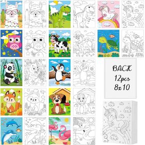 Ctosree 12 Pcs Animals Pre Drawn Canvas for Painting for Kid 10" x 8" Pre Printed Cute Animals Bulk Canvas Painting Canvas with Pictures to Paint Gift for Valentines Party Favor Activities
