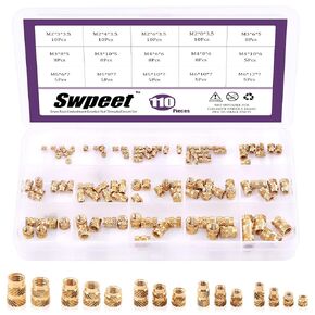 Swpeet 300Pcs 5 Values M2 M3 M4 M5 M6 Female Thread Knurled Nuts Brass Threaded Insert Embedment Nuts Hydraulic Welded Joint Injection Molding Assortment Kit Perfect for 3D Printing Injection Molding