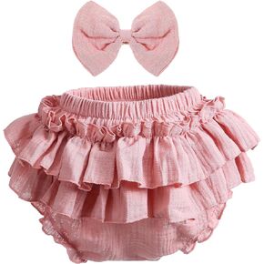 Newborn Infant Baby Girl Cotton Bloomers and Bows Toddlers Ruffle Shorts Diaper Covers Headband Set
