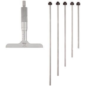 Mitutoyo 129-112 Vernier Depth Gauge, Interchangeable Rods, Micrometer Type, 0-150mm Range, 0.001mm Graduation, +/-0.0040mm Accuracy, 63.5mm x 16mm Base, 6 Rods