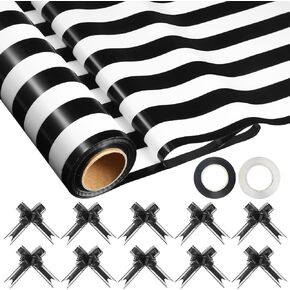 Geyee Black and White Stripe Wrapping Paper 32 in x 100 ft Striped Cellophane Wrap Roll with Large Organza Pull Bow Ribbon 2.5 Mil Thick Clear Gift Basket Bags for Birthday Holiday Flower Wrap