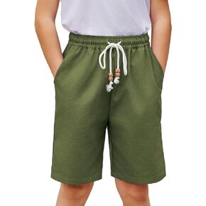 Arshiner Boys Cotton Linen Shorts Summer Beach Shorts Elastic Waist Drawstring Shorts with Pockets Size 6-18