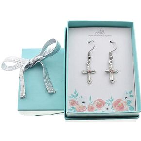 Cross Charm Women's Earrings in Silver Toned Metal | Handcrafted First Communion Stainless Steel Wires | Perfect Gift for Christians
