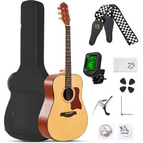 جيتار صوتي مبتدئ 41 بوصة كامل الحجم من خشب التنوب غير اللامع مجموعة مجموعة جيتار مع حقيبة موالف كابو يختار حزام سلسلة، اليد اليمنى الطبيعية، AG41R in Kuwait