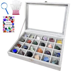 Rock Collection Display Case, Crystal Storage Box with 24 Grids and Gem Knowledge Handbook for Kids, Gem and Stone Collection Case for Display