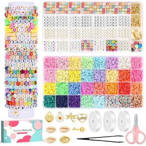 RASIEYA 7340 Clay Beads Bracelet Making Kit,32 Colors Friendship Bracelet Kit,1260 Pcs 10 Styles of Letter, Number & Pattern Beads with Charm，Valentines Day Gifts for Kids Classroom Exchange