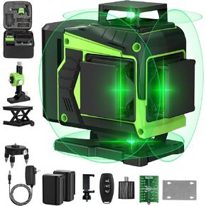 16 Lines Laser Level Self Leveling, 4x360°Professional 4D Green Cross Line laser Level for Construction and Picture Hanging with 2 Batteries, Adjustable brightness & Remote Control