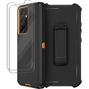 for Samsung Galaxy S21 Ultra Case with Belt Clip Holster, 2X Screen Protector, Heavy Duty Full Body Shockproof Drop-proof Rugged Protective Cover for Samsung Galaxy S21 Ultra 5G 6.8 inch (Black)