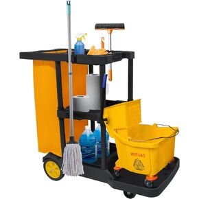 Commercial Janitorial Cart 3 Shelf Housekeeping Cleaning Cart, Large Capacity Utility Clean Trolley with Wheels and 25 Gallon Vinyl Bag 44.5"L x 22"W x 36.6"H, Black