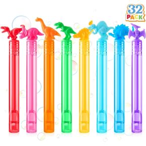 JOYIN 32 حزمة من فقاعات الحفلات للأطفال، 8 ألوان من عصا الفقاعات الصغيرة على شكل ديناصور، حشوات حقيبة جودي، ألعاب صندوق الكنز، جوائز الفصول الدراسية للأولاد والبنات