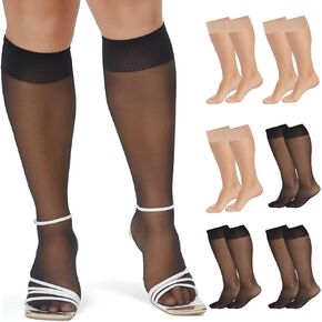 6 Packs Plus Size Knee High Sheer Stockings for Women, Nylon Trouser Socks