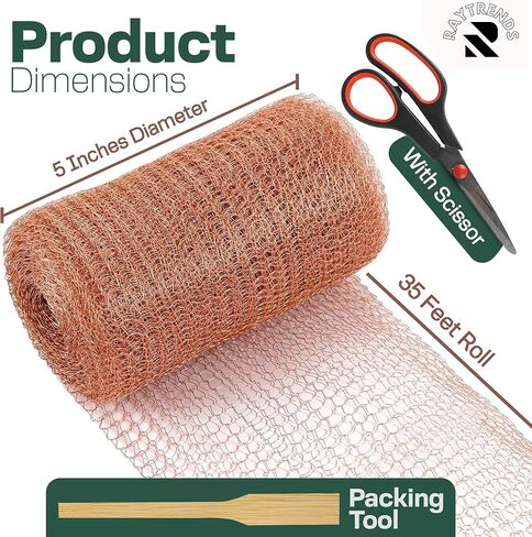 Copper Mesh Rodent Control Kit, 5 Inch x 35ft Rustproof Copper Wool Blend, DIY Hole Filler, Complete with Precision Scissors and Packing Tool for Mice & Rodent Defense in Saudi Arabia