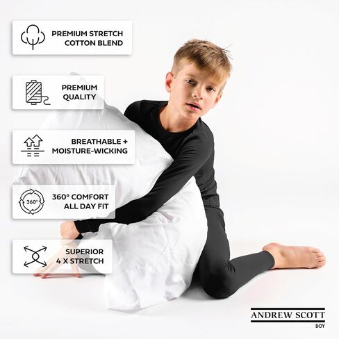 Andrew Scott Boys Long John Ultra-Soft Cotton Stretch Base Layer Underwear Sets / 3 Long Sleeve Tops + 3 Long Pants - 6 Piece in Kuwait