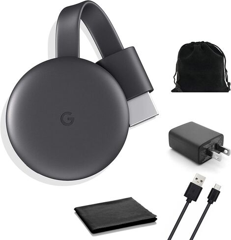 Google Chromecast - Streaming Device with HDMI Cable - Stream Shows, Music, Photos, and Sports from Your Phone to Your TV with Microfiber Cloth and Travel Carrying Pouch - Charcoal, Black in Saudi Arabia