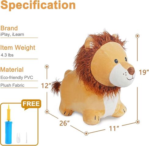 iPlay, iLearn Bouncy Pals Lion Hopper Toy, Toddler Plush Bouncing Animal, Inflatable Ride on Bouncer W/Pump, Indoor Outdoor Hopping Horse, Kid Jumping Toy, Birthday Gift for 2 3 4 5 Year Old Boy Girl in Kuwait