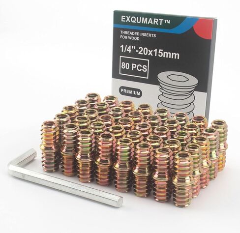 80 Pcs Premium Threaded Inserts for Wood, 1/4-20 Threaded Inserts with Hex Key, Upgrade 4.8 Grade High Hardness Carbon Steel Yellow (1/4"-20x15mm) in Saudi Arabia