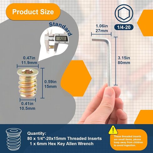 80 Pcs Premium Threaded Inserts for Wood, 1/4-20 Threaded Inserts with Hex Key, Upgrade 4.8 Grade High Hardness Carbon Steel Yellow (1/4"-20x15mm) in Saudi Arabia