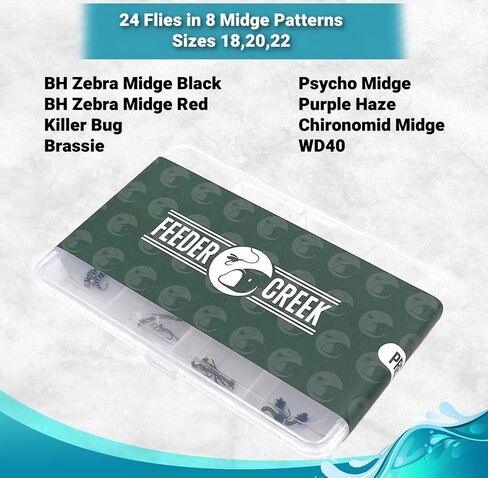 Fly Fishing 24 Hand Tied Flies Midge Assortment, 8 Popular Wet & Dry Fly Patterns (Bead Head Zebra Midge, Psycho & More - 3 of Each), in Sizes 18, 20, 22 with Fly Box in Saudi Arabia