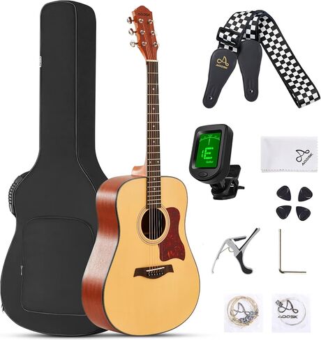جيتار صوتي مبتدئ 41 بوصة كامل الحجم من خشب التنوب غير اللامع مجموعة مجموعة جيتار مع حقيبة موالف كابو يختار حزام سلسلة، اليد اليمنى الطبيعية، AG41R in Kuwait