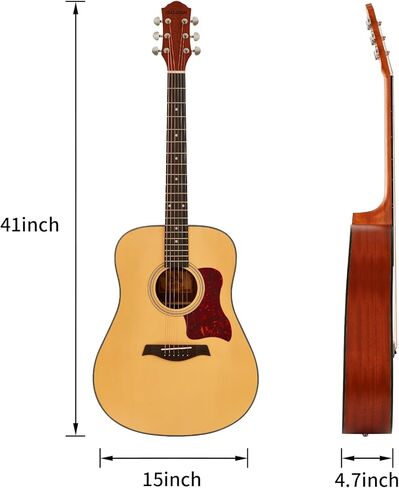 جيتار صوتي مبتدئ 41 بوصة كامل الحجم من خشب التنوب غير اللامع مجموعة مجموعة جيتار مع حقيبة موالف كابو يختار حزام سلسلة، اليد اليمنى الطبيعية، AG41R in Kuwait