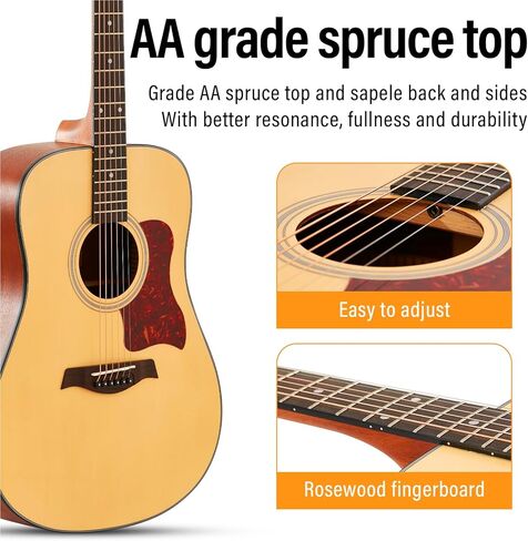 جيتار صوتي مبتدئ 41 بوصة كامل الحجم من خشب التنوب غير اللامع مجموعة مجموعة جيتار مع حقيبة موالف كابو يختار حزام سلسلة، اليد اليمنى الطبيعية، AG41R in Kuwait