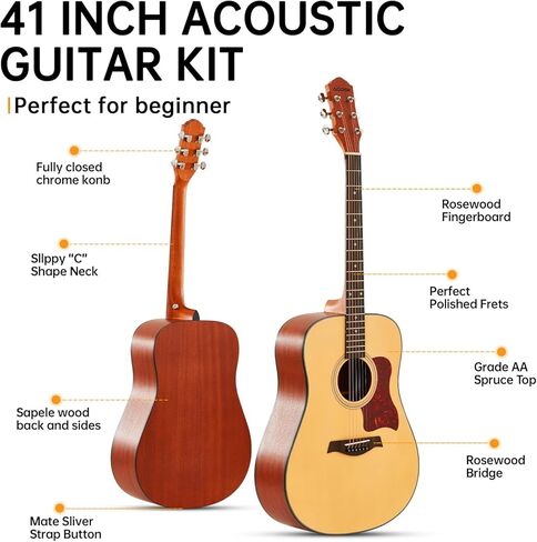 جيتار صوتي مبتدئ 41 بوصة كامل الحجم من خشب التنوب غير اللامع مجموعة مجموعة جيتار مع حقيبة موالف كابو يختار حزام سلسلة، اليد اليمنى الطبيعية، AG41R in Kuwait