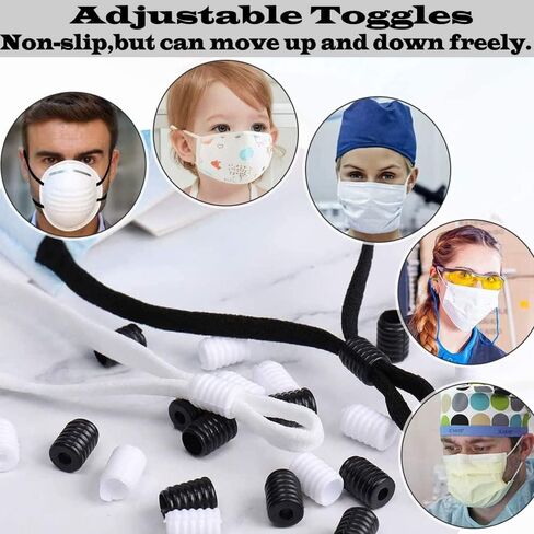 200 قطعة من مفتاح قفل الحبل المرن لضبط قناع الحبل من السيليكون وسدادة الحبل الدائرية غير القابلة للانزلاق وإبزيم قابل للتعديل لمورد القناع (100 باللون الأبيض و100 باللون الأسود) (6 * 10 مم) in Kuwait