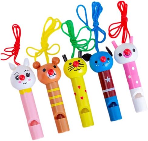 5 Pack Party Whistles With Necklace Rope Wooden Mini Cute Animals Clown Cartoon Whistle for Birthday Party Favors Decoration Noice Maker in Saudi Arabia