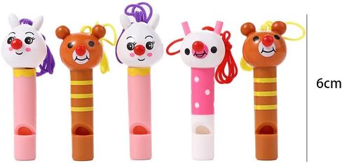 5 Pack Party Whistles With Necklace Rope Wooden Mini Cute Animals Clown Cartoon Whistle for Birthday Party Favors Decoration Noice Maker in Saudi Arabia