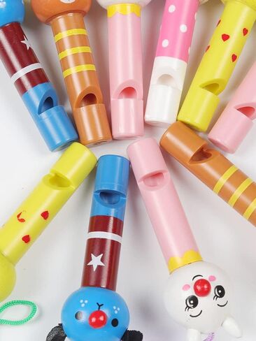 5 Pack Party Whistles With Necklace Rope Wooden Mini Cute Animals Clown Cartoon Whistle for Birthday Party Favors Decoration Noice Maker in Saudi Arabia