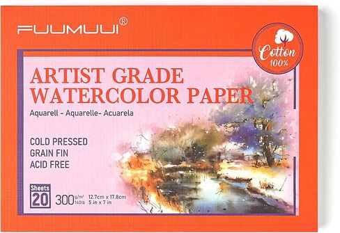 ورق ألوان مائية قطن 100% من Fuumuui - 20 ورقة مقاس 5 × 7 بوصة لوحة ورق ألوان مائية مضغوطة على البارد - 140 رطل/300 جرام في المتر المربع لحبر الغواش بالألوان المائية in Kuwait