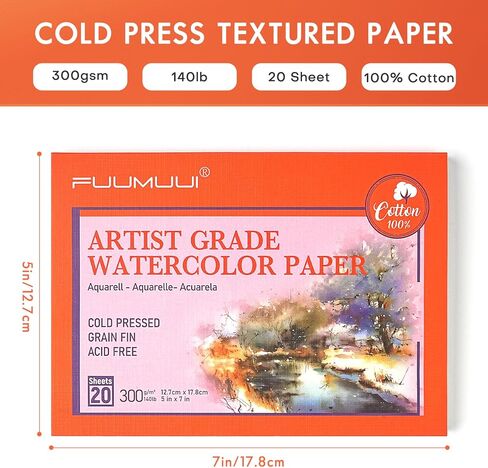 ورق ألوان مائية قطن 100% من Fuumuui - 20 ورقة مقاس 5 × 7 بوصة لوحة ورق ألوان مائية مضغوطة على البارد - 140 رطل/300 جرام في المتر المربع لحبر الغواش بالألوان المائية in Kuwait