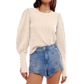 نساء وافل متماسكة نفخة طويلة الأكمام الطويلة قمم طاقم رقبة رقبة قميص عارض السحب الحراري أعلى in Kuwait