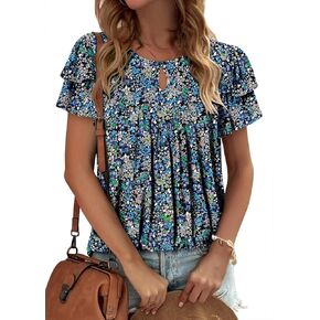 Angerella Womens Short Sleeve Tunic Tops Summer Trendy Ceyhole Crew Neck Disual Thirts Chic Pleate Blouse in Kuwait