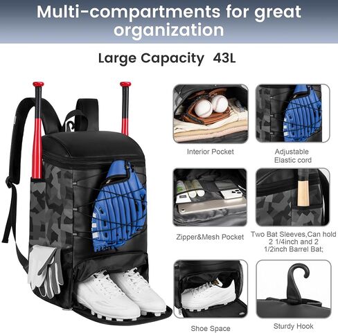 Softball Bag for Youth Adult, Sturdy Leather Baseball Bat Backpack with Shoe Compartment, Waterproof Baseball Bag with Fence Hook for TBall Bat & Equipment in Kuwait