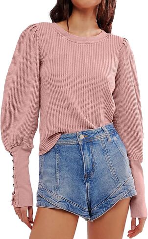 Women's Waffle Knit Puff Long Sleeve Tops Crew Neck Sweatshirt Casual Pullover Thermal Top in Kuwait