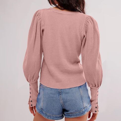 Women's Waffle Knit Puff Long Sleeve Tops Crew Neck Sweatshirt Casual Pullover Thermal Top in Kuwait