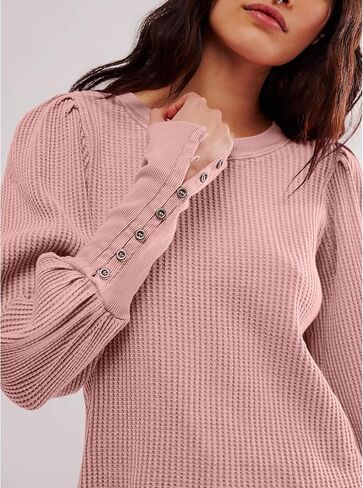 Women's Waffle Knit Puff Long Sleeve Tops Crew Neck Sweatshirt Casual Pullover Thermal Top in Kuwait
