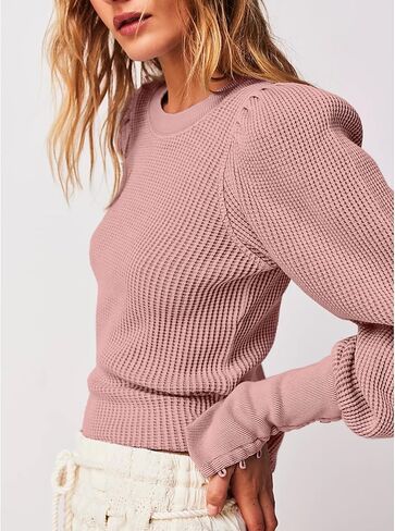 Women's Waffle Knit Puff Long Sleeve Tops Crew Neck Sweatshirt Casual Pullover Thermal Top in Kuwait
